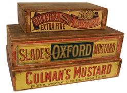 W275 A stack of three country store dispensing wooden boxes which advertises 'Stickney & Poor's  and  Slades Oxford and Coleman Extra Fine Mustard, each box has a label on the outside of the Box and also on the inside Bright and colorful is the graphics circa 1880