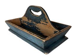 T346 Pennsylvania original blue painted Cutlery Tray , with a nice high handle, the inside of the tray is showing wear from use, flared sided, nailed construction with square head nails. A nice addition to any collection  circa 1850  measurement are: 13" long x 7 1/2" wide