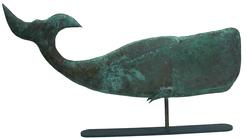 W326  Early 20th century Copper Full-bodied Whale Weather Vane,  from New England, with Verdigris Green  Finish, 37" long circa 1930's---1940's