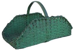 X46 Gathering Basket with Handle, rectangular form  and a bentwood handle. American,  19th century, original green paint ; 13" high x 15" wide x 25" long.