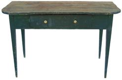 X54 Mid 19th century  Southern Side Table from Ga. the wood is pine and cypress, with early Windsor green paint over the original green. The base is all mortised and pegged, with a nice tapered leg. 21" deep x 47 1/2" wide x 30 1/2" tall