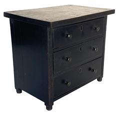 G257 19th century Pennsylvania Miniature chest of drawers, with original black paint and four dovetailed drawers. The drawers are completely functional, the wood is walnut. Some were intended to hold small trinkets others were children's toys. Measurements: 12" wide x 8" deep x 12" tall