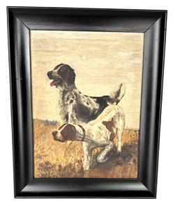 G920 Framed painting depicting two hunting dogs in a field of tall dry grasses. Very realistic details emphasized on each dog show the artist's advanced painting skills. Oil on artist's board. Unsigned. Overall measurements: 11 1/2" wide x 14" tall. Artist board measures 9" wide x 12" tall.