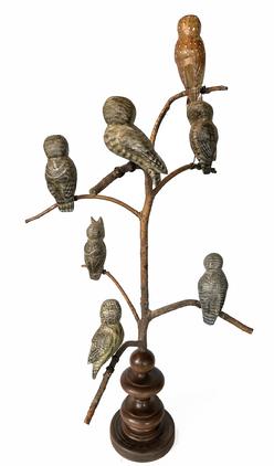 **SOLD** H1039 Folk art owl bird tree carved by Ken Kirby featuring eight hand-carved wooden Owls with metal legs mounted on a tree that is anchored in a multi-tiered turned base with refinished surface. Signed and branded with maker�s name on bottom. The tree stands 30� tall with base. Base is 5 ¼� across bottom. 