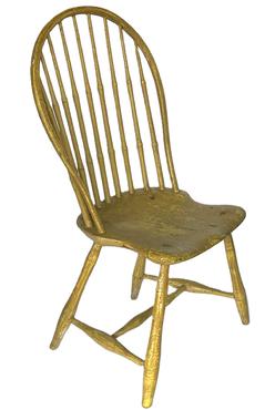 **SOLD** K259 Late 18th century New England nine spindle bow back Windsor Chair featuring a beautiful saddle seat, bamboo turned spindles and legs with a center stretcher fastened to side runners with bold turnings in old yellow over original yellow paint. Circa 17901810. Measurements: 21 wide across front legs x 38 ½ tall (back). Seat is 16 ¾ wide x 16 ¾ deep x 16 tall.     