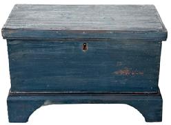 K1869 19th Century Pennsylvania miniature blanket chest with applied bracket base in old blue painted surface. Clean, divided interior. Small square head nail construction. The woods are pine and cherry. Circa mid-1800's. Measurements:  11 5/8 wide x 6 5/8 deep x 7 ½ tall. 