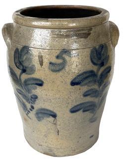 G186 Unusual Five-Gallon Stoneware Crock with Large Cobalt Clover Decoration, Baltimore, MD origin, circa 1875, cylindrical crock squared rim, and applied lug handles