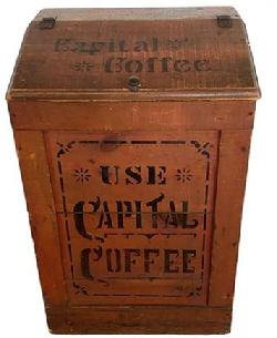  F192 19th century American  painted wooden advertising bin with hinged lid , stenciled Use Capital Coffee on front and The Ohio Coffee & Spice Co. / Columbus, Ohio top. Red and Black painted "Capital Coffee" Bin - Stenciled on top: "The Ohio Coffee & Spice Co.  Columbus O." and "Use Capital Coffee" on front and sides.