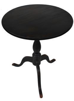 C349 Early 19th century New England Carved  Cherry Candlestand, with the original black paint , circa 1800 , circular top on a gracefully turned pedestal  support with  three tripod  leg base and ending in snake feet,   Measurements are 22 diameter x 26 1/4 tall