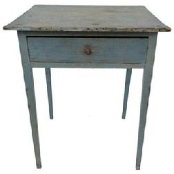 E14 Late 18th century Southern hepplewhite one drawer Stand, circa 1780 retaining it's original blue paint, with a dovetailed drawers, mortised and pegged construction, one board top held, in place with tee nails, the wood is yellow pine