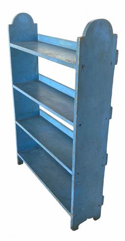G512  19th century Pennsylvania Crock Shelf in beautiful old blue paint, with lollipop cut out  sides, shelves are mortised into the side and each shelf has a back splash, with a nice simple cut out foot the blue paint is over the original green,  Measurements are 42" tall x 29" wide x 8 1/2" dep 