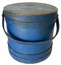 RM1329 New England beautiful dry blue original painted  Covered Wooden Firkin,  signed on lid tongue and groove softwood staved sides,( Hingham Mass.) tapered lap joint wood bands, bent wood handle with wood peg attachments,12" high .  12 " diameter and top