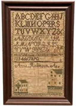 G301 Handmade Sampler stitched by Anna Robinson - Age 11 years The sampler is worked in silk on linen ground, in cross stitch and Algerian eye. Alphabets A-Z in upper case and lower case and numbers 1-0