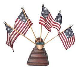 L263 U.S. Patriotic Radiator Cap Parade Flag Holder with shield on front and slots for 5 flags (included) � mounted on a handmade solid wooden base of unique design resembling a ball atop a stepped side pyramid. Circa 1920-1930s.