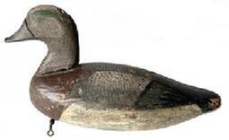 **SOLD** J245 Green Wing Teal Decoy carved by John Glenn (1876-1954) of Rock Hall, Maryland. Cleaned to the original paint. Original weight and rigging on bottom.