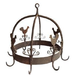 L455A A very fine wrought iron game hanger known as a Dutch Crown. This is in the style of game hangers dating from the 18th century, but this one was probably made in the early 20th century. It is a fine-made example decorated with scroll work, birds and attached to the arched bars. It has 8 hooks from which game would have been hung to mature, but it would now be ideal for hanging kitchen utensils. It is topped with a suspension loop with rooster figures and scroll decors. Light wear consistent with age and use, Patina consistent with age and use. Approximate measurements: 15 &frac12;� diameter (to outer points of hooks) x 13� tall (in center.) 