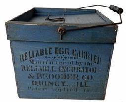 H16 Late 19th century Egg carrier with the original blue paint and black stenciled advertising. The following advertisements, � Reliable Egg Carrier Brooder Co. Quincy Ill There is also a patent date Nov 16 1897 .