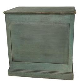 **SOLD** E359 Very unusual form, New England circa 1830 cubicle shaped Quilt Chest with lift top, butt hinges, recessed front and side panels, all in a blue / green paint, resting on molded base