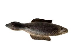 J351 Hand carved Folk Art Baby Duck shaped fish decoy featuring original detailed painted surface and glass eyes. Wooden body with stationery tin wings and loose tin �feet� featuring painted details on all tin to match the body paint. Solid wood body with a metal weight embedded into the duck�s underbelly. From a Wappinger Falls, NY collection