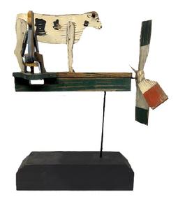 M168 Early 20th century Pennsylvania wonderfully detailed Windmill / Whirligig depicting a Man Milking a Cow in original paint � including red, white, blue, green, black and yellow � in good working condition. Circa 1930's. Mounted on a solid wooden base (new) for display purposes. Approximate measurements: ~16� long x ~14� tall. Overall mounted height is ~21� tall. Base measures 14� x 3 &frac12;� x 3 &frac14;� tall.  
