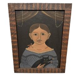 M187 Mid-20th century Folk Art painting of young girl in blue dress with beaded necklace, holding a black cat. Signed by artist �A Glazier� in lower right corner. Oil on artist board, displayed in a handmade, painted and decorated wooden frame. Arthur Glazier (1928-2015) was from East Berlin, Pennsylvania. Framed Measurements: 14 &frac12;� wide x &frac34;� thick x 18 &frac12;� tall.  