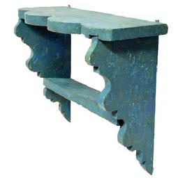 **SOLD** M1131 Late 19th century small Pennsylvania wall shelf with decorative cut out ends and scalloped edge along the front bearing old blue over the original blue painted surface. The wood is pine. Mortised ends/shelves. Circa 1870s�1880s. Image Properties