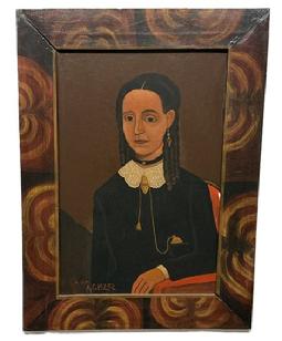M188 Arthur E. Glazier (East Berlin, Pennsylvania, 1928-2015) Folk Art oil painting on artist�s board depicting a portrait of a woman with dark hair in long spiral curls sitting in a red chair. This painting showcases the jewelry being worn by the lady - with special details to the collar, broach, long chain and watch and drop earring. Framed in a handmade, paint decorated wooden frame that is 3 &frac12;�-3 &frac34;� wide. Painting is prominently signed �A.U.A. A. Glazier� in the lower left corner. Framed measurements: 22 &frac34;� wide x 30 &frac12;� tall.  