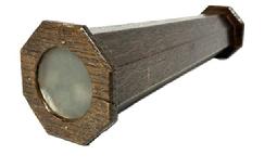 M243 Octagon shaped handmade wooden Kaleidoscope. Constructed of oak wood with a dark finish and tiny wire nails encasing bright glass pieces. Unsigned. Early 20th century. Measurements: 2 3/8� across top x 3 &frac14;� across bottom x 10 1/8� tall. 