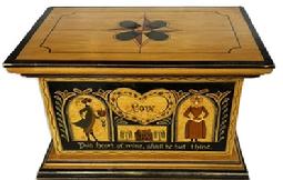 M294 20th century Folk Art lidded document box � signed and dated �Charlotte Doyon 1991� on bottom. Great original artwork hand painted on all sides and top of lid. The words �LOVE� and �This heart of mine, shall be thine� painted among the detailed artwork on the front panel. All wooden with removeable lid in vibrant colors including black, green, red, and salmon on a mustard background. Overall measurements: 15� wide x 10� deep x 9� tall.  