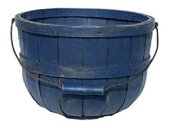 **SOLD** M332 19th century Apple Basket in old blue painted surface having fantastic form. The basket is sturdily constructed of oak splints with a swing bail handle. It has a wooden bottom from which each slat is attached with small iron nails securing each slat. Remains in superb original condition with an extremely fine surface displaying oxidation and very light wear. Circa 1880 - 1900. Measurements: 12 3/8� top diameter x 7� base diameter x 8 &frac12;� tall sides. 