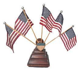 L263 U.S. Patriotic Radiator Cap Parade Flag Holder with shield on front and slots for 5 flags (included) mounted on a handmade solid wooden base of unique design resembling a ball atop a stepped side pyramid. Circa 1920-1930s.