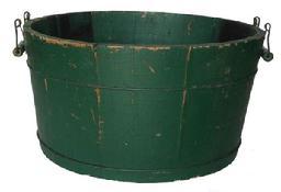 O569 Early 19th century wooden Wash Tub, with great green paint, Notched staved construction with metal banding