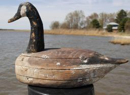*SOLD* B204 Early Virginia Canadian Goose Decoy, unusual form with a layered body, possible made by Miles Hancock