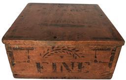 E236 AMERICAN PAINTED AND STENCILED "FINE" BOX, nailed construction with hinged lid, stenciled "FINE". Retains an old Salmon and black-painted surface.