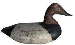 E475 Canvasback Drake Decoy carved by Stanley Evans of Elkton, MD (Born 1887 � Died ?) Original tack eyes, with some original paint Circa late 1920�s - early 1930�s. A