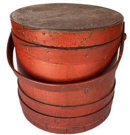 F456 19th century dry red painted  Covered Wooden Firkin, tongue and groove softwood staved sides, tapered lap joint wood bands,helded in place with copper tacks with bent wood handle with wood peg attachments, 9 1/2" diameter x 10" tall