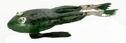 M16K Hand carved and painted Frog shaped Fish Decoy with large painted tack eyes and metal legs / feet. The carver of this whimsical fish decoy is identified as Raymond �Ray� Veihl of Michigan. Solid wooden body with stationery metal fins featuring painted details to match the body paint and a metal weight embedded into the underbelly.  Approximate measurements: ~5 &frac14;� long x 2 &frac14;� wide x ~5/8� thick. 
