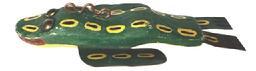 M16A Hand carved Folk Art Frog shaped fish decoy from Michigan featuring large tack eyes, carved mouth, tin legs and original painted surface with imbedded lead weight on the underbelly. Signed with initials �DP� on bottom.  Approximate measurements: ~7 &frac34;� long x ~3 &frac34;� wide x ~ 1 &frac14;� tall.