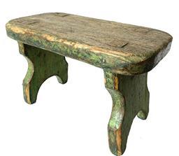 G168 19th century original green painted mortised Stool, the wood is white pine, double mortised, with a nice cut out design on each end of the stool circa 1840 