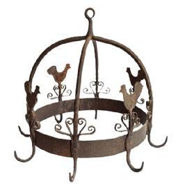 L455A A very fine wrought iron game hanger known as a Dutch Crown. This is in the style of game hangers dating from the 18th century, but this one was probably made in the early 20th century. It is a fine-made example decorated with scroll work, birds and attached to the arched bars. It has 8 hooks from which game would have been hung to mature, but it would now be ideal for hanging kitchen utensils. It is topped with a suspension loop with rooster figures and scroll decors. Light wear consistent with age and use, Patina consistent with age and use. Approximate measurements: 15 ½ diameter (to outer points of hooks) x 13 tall (in center.)