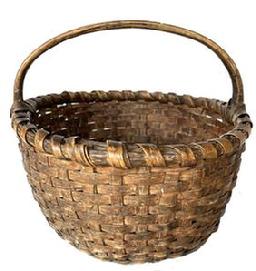 H401 Early hand-woven splint oak basket featuring a single-wrapped double-rim with notched, steamed and bent handle and bumped-up bottom. Natural patina. Very sturdy basket.
