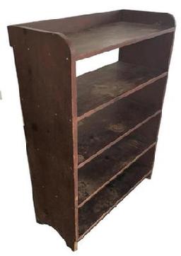B303 19th century Bucket Bench from south eastern Pennsylvania, with the original dry red paint. The shelves are one board mortised into the one board sides. All square nail construction, circa 1840.