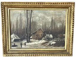 J26 19th century Winter Landscape Painting depicting several houses / buildings nestled among a wooded, snow covered landscape � with three people in the foreground. Oil on canvas. Unsigned.