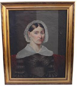 C588 19TH CENTURY PORTRAIT OF A LADY IN QUAKER DRESS seated half length in an interior, oil on canvas, unrestored from Buck County Pennslyvania, Painted on canvas