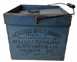 H16 Late 19th century Egg carrier with the original blue paint and black stenciled advertising. The following advertisements, � Reliable Egg Carrier Brooder Co. Quincy Ill There is also a patent date Nov 16 1897 .