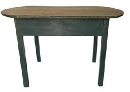 E232 18th century Massachusetts Tavern Table with a beautiful, scrubbed oval one-board top, in original green painted surface. The top is resting on a mortised and pegged base with beaded legs with molded outer edge. (circa 1790-1810) Early home repair as shown in photos. Measurements: 25 3/4" High , 40 1/2" Wide , 30" Deep.  