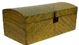 E406 New England vibrantly painted dome lid box, 19th century, retaining its original yellow paint featuring broadly brushed stripes and dabbed green paint decoration. Dovetailed case and square nailed construction with wallpapered interior. Box retains its interior vapor barrier molding