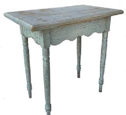 F215 T19th century New England side Table with a elaborate scalloped apron on all four sides, it has a two board top, retains the remains of oyster white paint over the original blue. Circa 1850