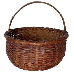 F342 Gathering Basket , in beautiful old natural patina, with a double wrpped rim and a steamed and bent handle, sleight raised bottom, great workmanship very good condition