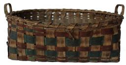 C477 Gathering Basket from West Virginia, with steamed and bent and notched handles with a single wrapped rim, with green and red bands woven into the sides, has a break in the wrapping around the rim.
